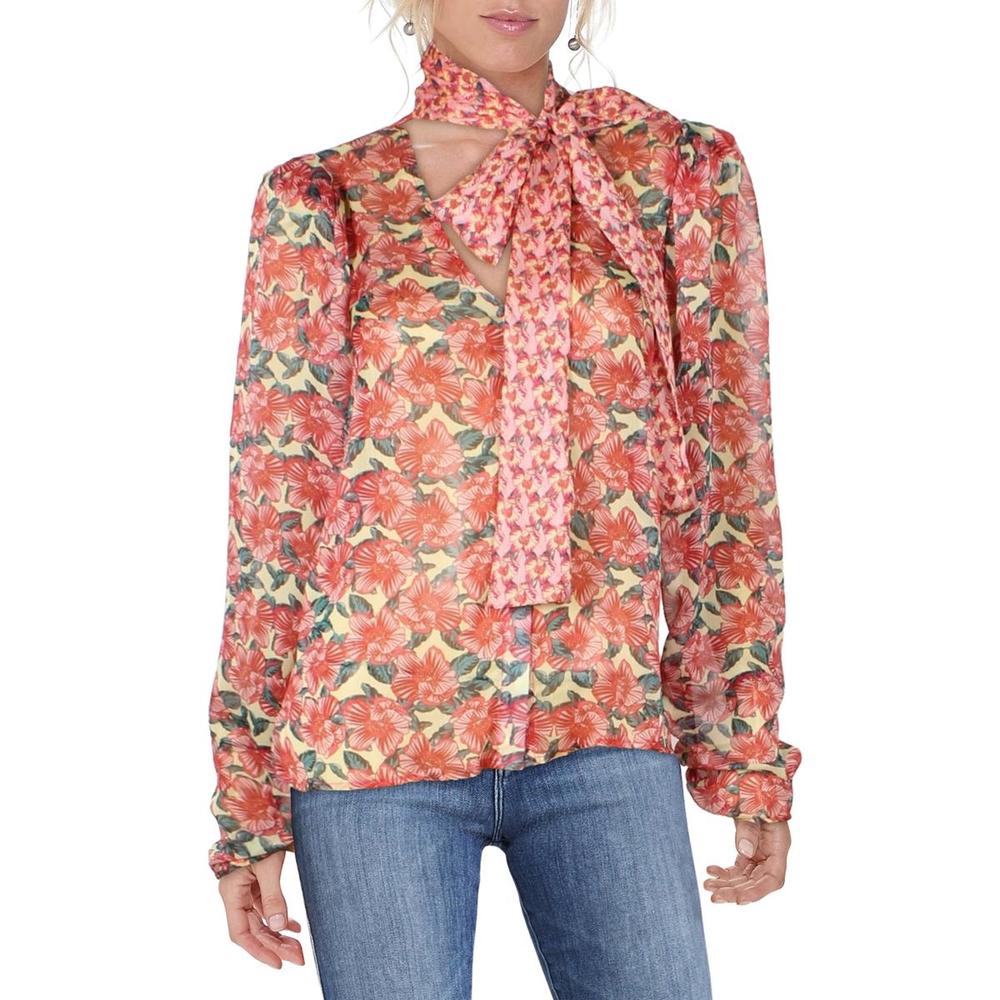 CQ by CQ Womens Cora Red Floral Tie Neck Shirt Blouse NWT